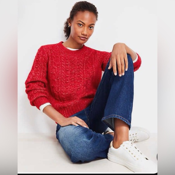 LOFT Cable Knit Pom Pom Tie Neck Sweater - Picture 3 of 6